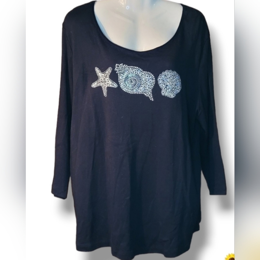 Karen Scott Dark Blue Long Sleeve Top with Shell Motif